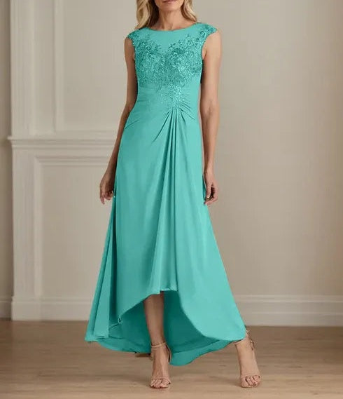 Champagne A-Line Scoop Lace Chiffon Dress