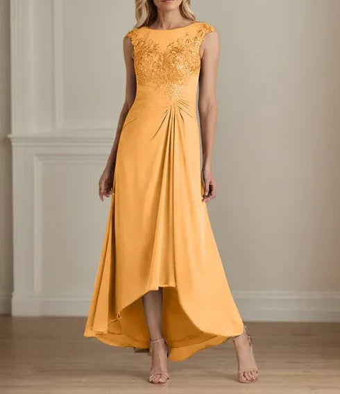 Champagne A-Line Scoop Lace Chiffon Dress