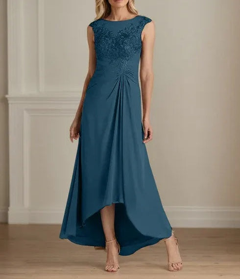 Champagne A-Line Scoop Lace Chiffon Dress