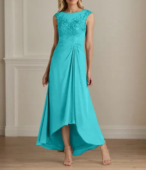 Champagne A-Line Scoop Lace Chiffon Dress