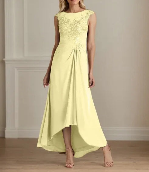 Champagne A-Line Scoop Lace Chiffon Dress