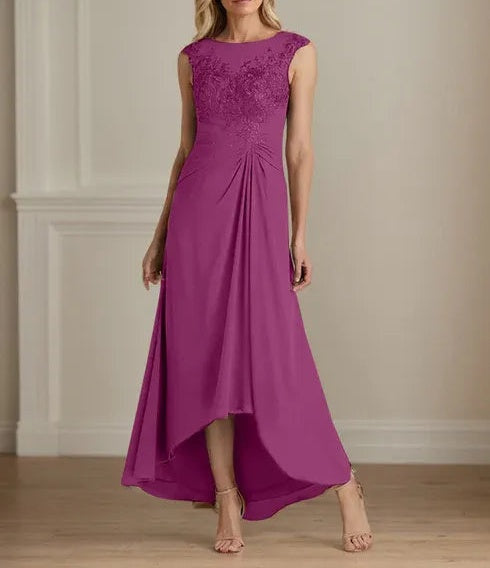Champagne A-Line Scoop Lace Chiffon Dress