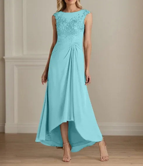 Champagne A-Line Scoop Lace Chiffon Dress