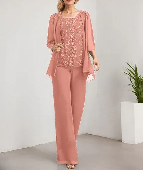 Separates Jumpsuit/Pantsuit Scoop Floor-Length Lace Chiffon Mother of the Bride Dress With Sequins