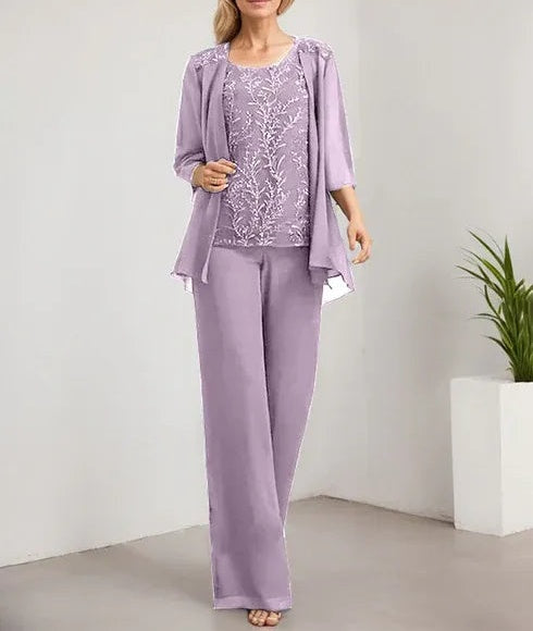 Separates Jumpsuit/Pantsuit Scoop Floor-Length Lace Chiffon Mother of the Bride Dress With Sequins