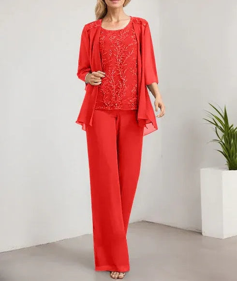 Separates Jumpsuit/Pantsuit Scoop Floor-Length Lace Chiffon Mother of the Bride Dress With Sequins