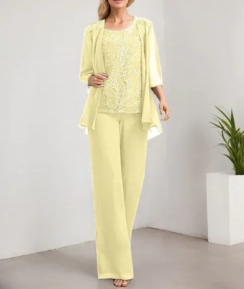 Separates Jumpsuit/Pantsuit Scoop Floor-Length Lace Chiffon Mother of the Bride Dress With Sequins