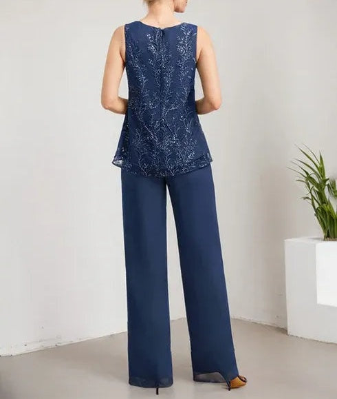 Separates Jumpsuit/Pantsuit Scoop Floor-Length Lace Chiffon Mother of the Bride Dress With Sequins