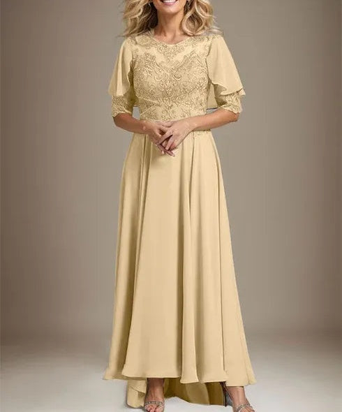 A-line Scoop Illusion Asymmetrical Chiffon Lace Mother of the Bride Dress With Beading