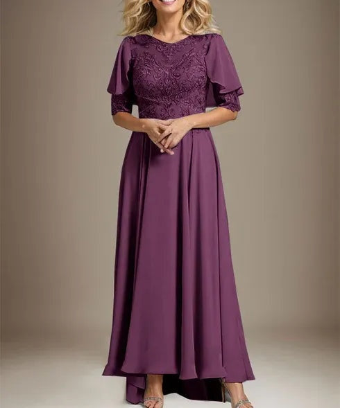 A-line Scoop Illusion Asymmetrical Chiffon Lace Mother of the Bride Dress With Beading