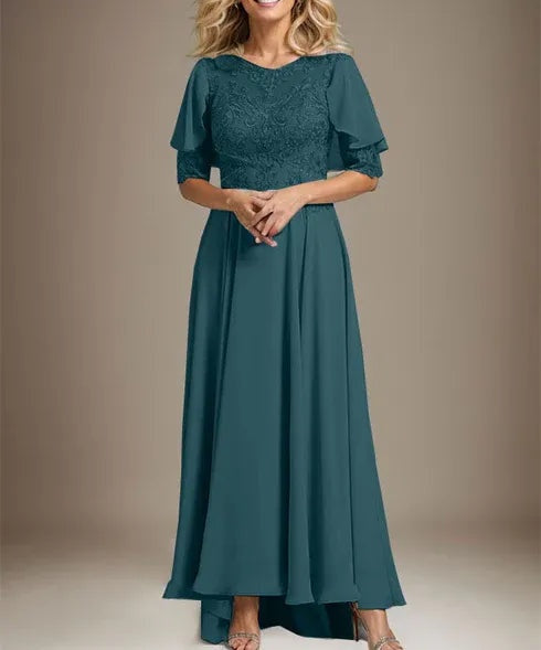 A-line Scoop Illusion Asymmetrical Chiffon Lace Mother of the Bride Dress With Beading