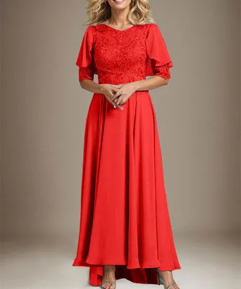 A-line Scoop Illusion Asymmetrical Chiffon Lace Mother of the Bride Dress With Beading