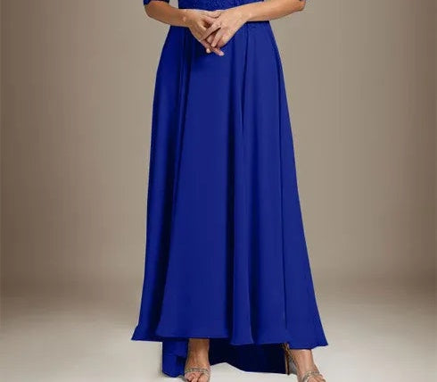 A-line Scoop Illusion Asymmetrical Chiffon Lace Mother of the Bride Dress With Beading
