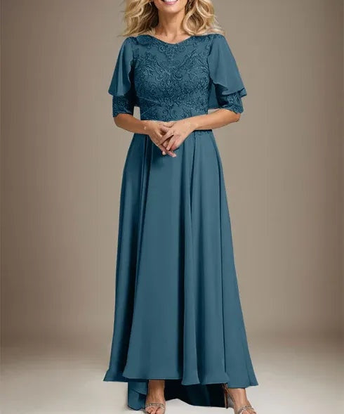 A-line Scoop Illusion Asymmetrical Chiffon Lace Mother of the Bride Dress With Beading