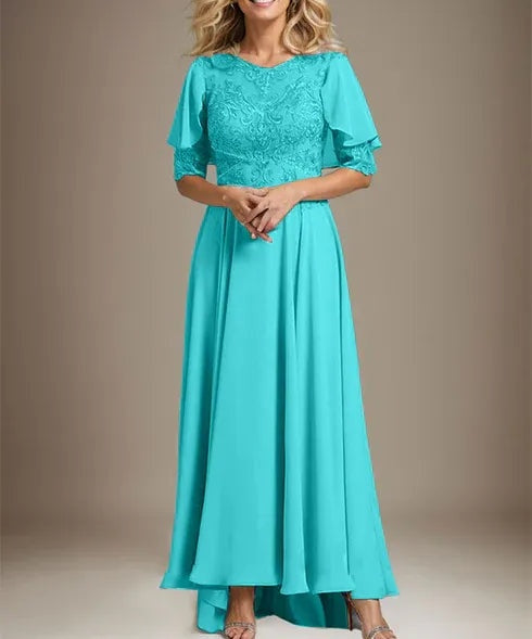 A-line Scoop Illusion Asymmetrical Chiffon Lace Mother of the Bride Dress With Beading