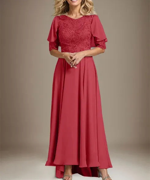 A-line Scoop Illusion Asymmetrical Chiffon Lace Mother of the Bride Dress With Beading