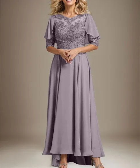 A-line Scoop Illusion Asymmetrical Chiffon Lace Mother of the Bride Dress With Beading