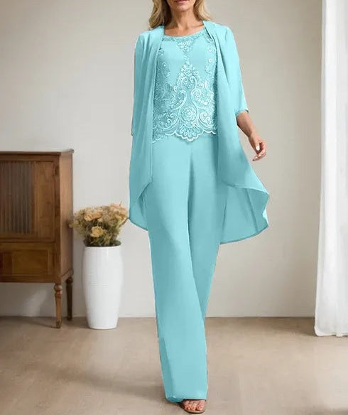 Separates Jumpsuit/Pantsuit Scoop Floor-Length Chiffon Lace Mother of the Bride Dress With Beading Sequins