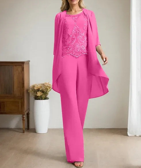 Separates Jumpsuit/Pantsuit Scoop Floor-Length Chiffon Lace Mother of the Bride Dress With Beading Sequins