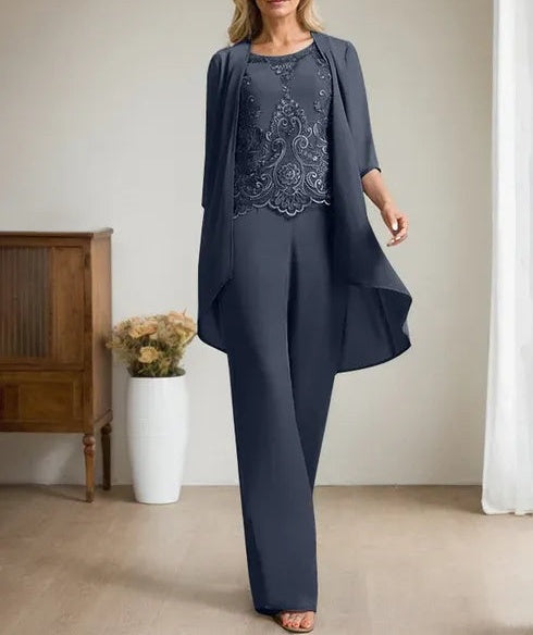 Separates Jumpsuit/Pantsuit Scoop Floor-Length Chiffon Lace Mother of the Bride Dress With Beading Sequins