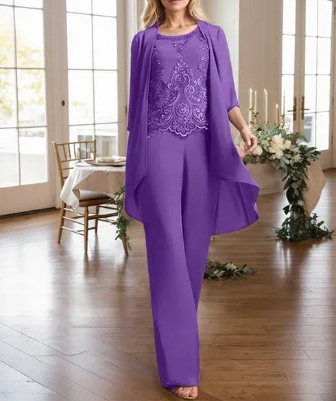 Separates Jumpsuit/Pantsuit Scoop Floor-Length Chiffon Lace Mother of the Bride Dress With Beading Sequins
