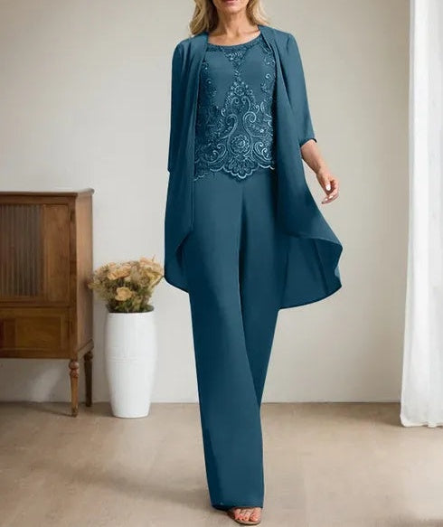 Separates Jumpsuit/Pantsuit Scoop Floor-Length Chiffon Lace Mother of the Bride Dress With Beading Sequins