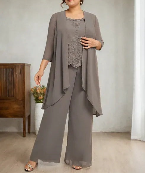 Separates Jumpsuit/Pantsuit Scoop Floor-Length Chiffon Lace Mother of the Bride Dress With Beading Sequins