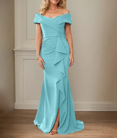 Sheath/Column V-Neck Illusion Floor-Length Lace Chiffon Mother of the Bride Dress With Pleated Sequins