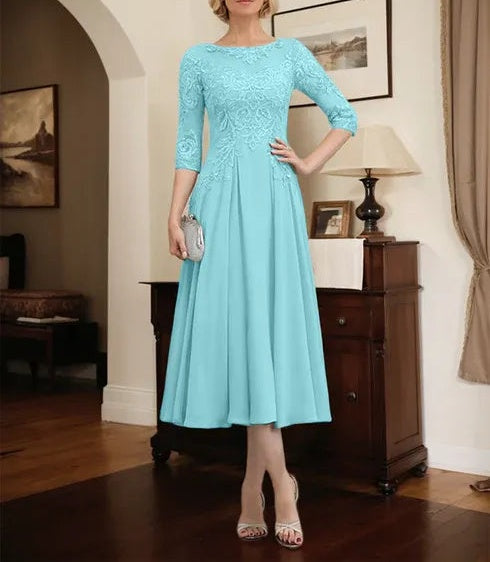 A-line Scoop Illusion Tea-Length Chiffon Lace Mother of the Bride Dress With Beading Sequins