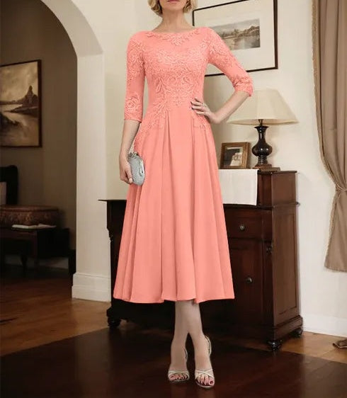 A-line Scoop Illusion Tea-Length Chiffon Lace Mother of the Bride Dress With Beading Sequins