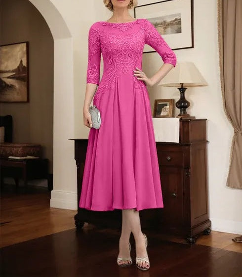 A-line Scoop Illusion Tea-Length Chiffon Lace Mother of the Bride Dress With Beading Sequins