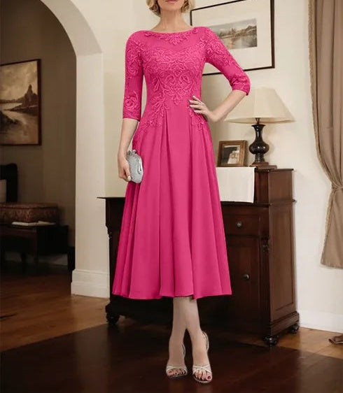 A-line Scoop Illusion Tea-Length Chiffon Lace Mother of the Bride Dress With Beading Sequins