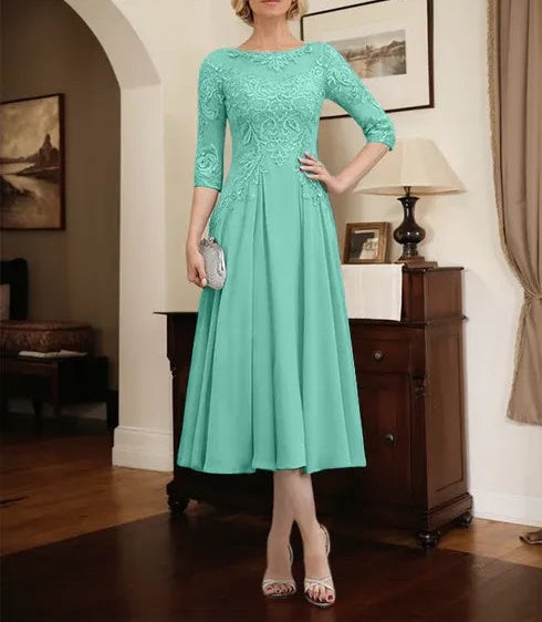 A-line Scoop Illusion Tea-Length Chiffon Lace Mother of the Bride Dress With Beading Sequins