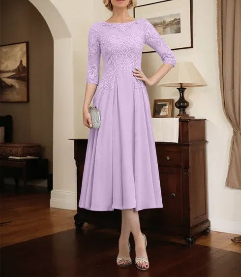 A-line Scoop Illusion Tea-Length Chiffon Lace Mother of the Bride Dress With Beading Sequins