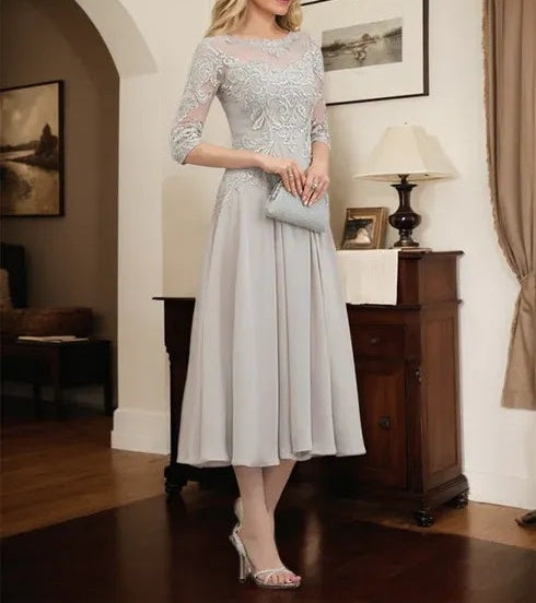 A-line Scoop Illusion Tea-Length Chiffon Lace Mother of the Bride Dress With Beading Sequins