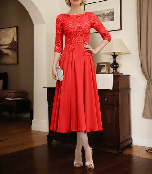 A-line Scoop Illusion Tea-Length Chiffon Lace Mother of the Bride Dress With Beading Sequins