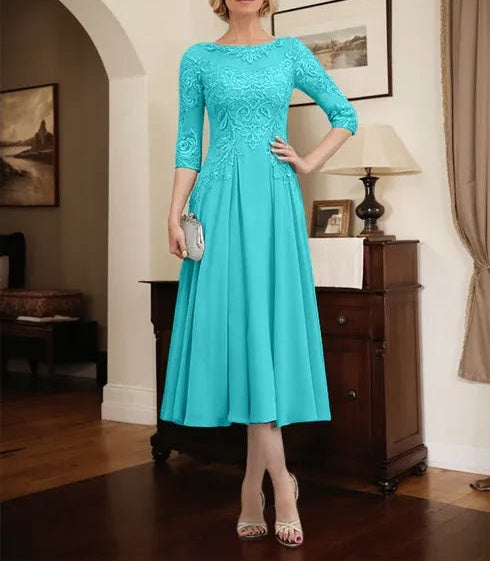 A-line Scoop Illusion Tea-Length Chiffon Lace Mother of the Bride Dress With Beading Sequins