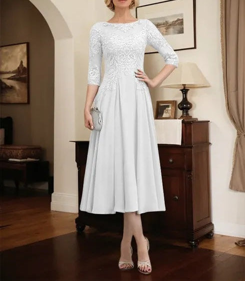 A-line Scoop Illusion Tea-Length Chiffon Lace Mother of the Bride Dress With Beading Sequins