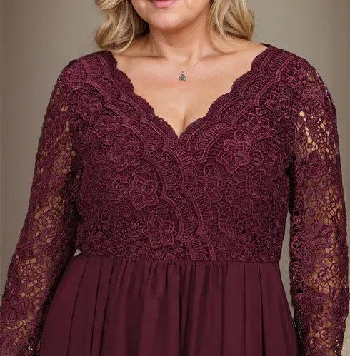 A-line V-Neck Asymmetrical Lace Chiffon Mother of the Bride Dress