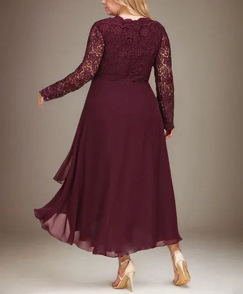 A-line V-Neck Asymmetrical Lace Chiffon Mother of the Bride Dress