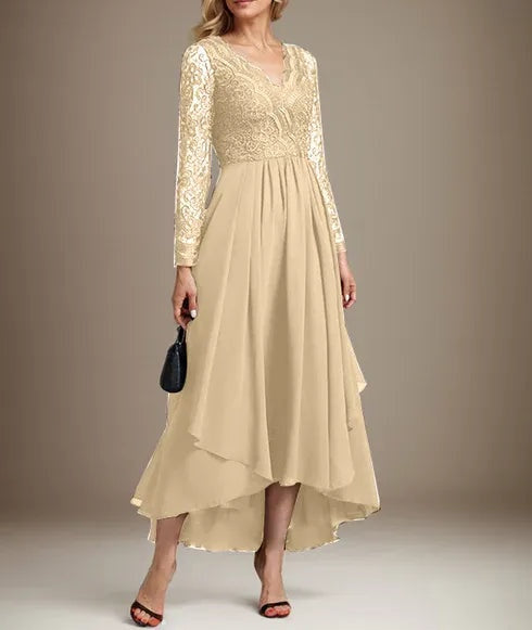 A-line V-Neck Asymmetrical Lace Chiffon Mother of the Bride Dress