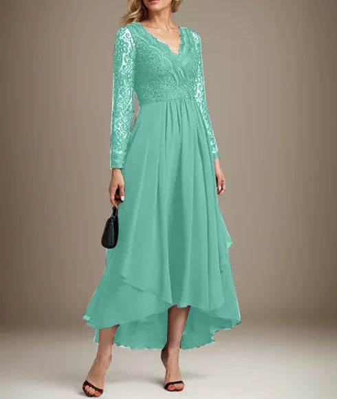 A-line V-Neck Asymmetrical Lace Chiffon Mother of the Bride Dress