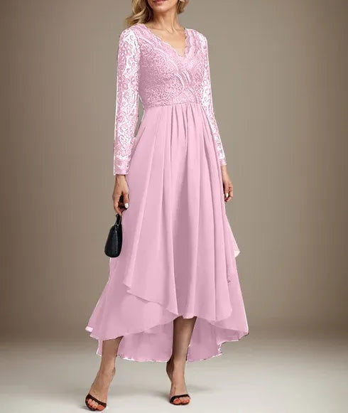 A-line V-Neck Asymmetrical Lace Chiffon Mother of the Bride Dress