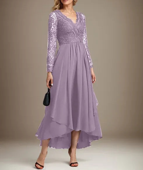 A-line V-Neck Asymmetrical Lace Chiffon Mother of the Bride Dress