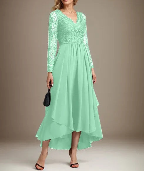 A-line V-Neck Asymmetrical Lace Chiffon Mother of the Bride Dress