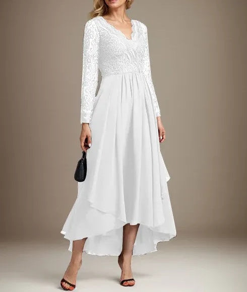 A-line V-Neck Asymmetrical Lace Chiffon Mother of the Bride Dress