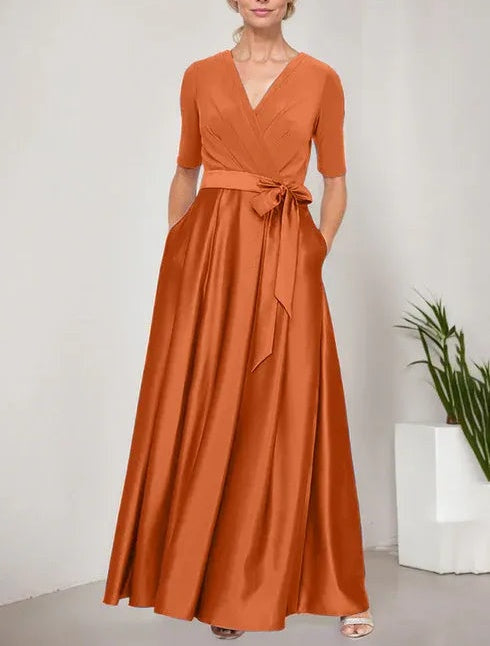 Surplice Neckline Ballgown with Full Satin Skirt & Jersey Bodice
