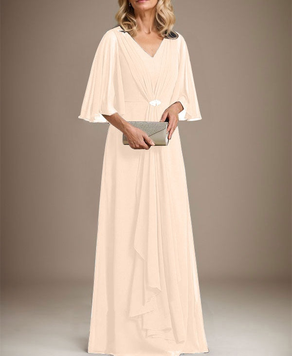 A-line V-Neck Floor-Length Chiffon Mother of the Bride Dress With Cascading Ruffles Crystal Brooch