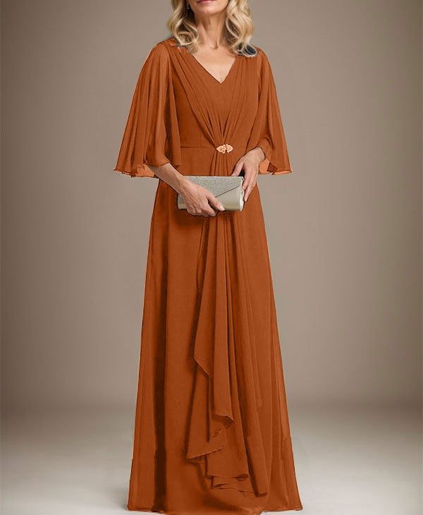 A-line V-Neck Floor-Length Chiffon Mother of the Bride Dress With Cascading Ruffles Crystal Brooch