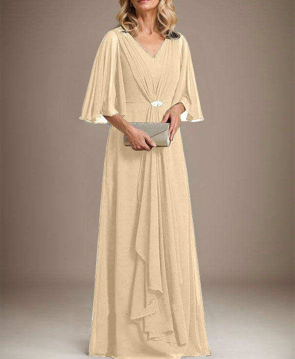 A-line V-Neck Floor-Length Chiffon Mother of the Bride Dress With Cascading Ruffles Crystal Brooch